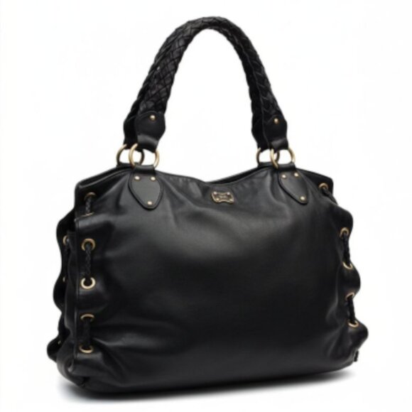 Michael Kors Black Leather Braided Handle Tote Satchel Whipstitch Grommet Large - Picture 1 of 16